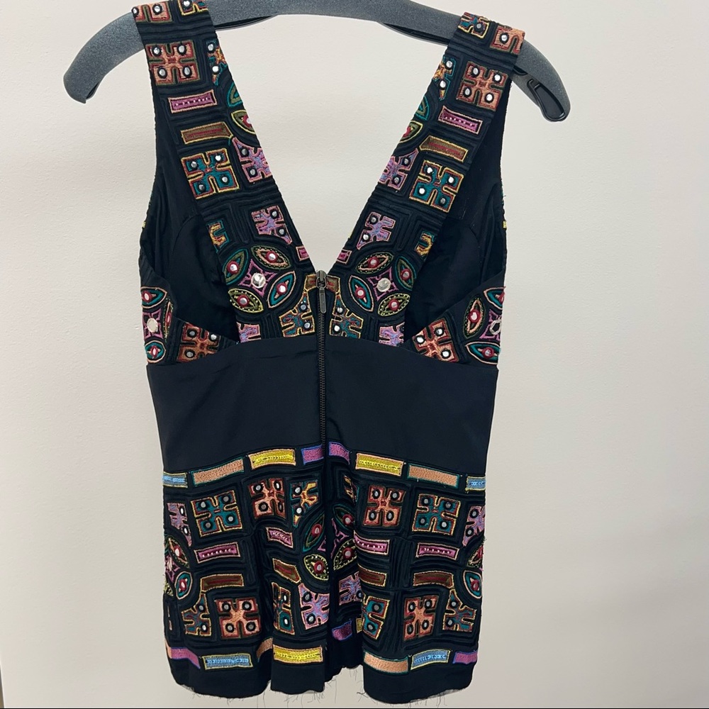 Nicole Miller Aztec/Geometric Embroidered Tank Top in Black/Multicolor - Picture 3 of 7